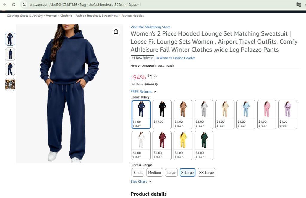 Amazon product page showing a $1.00 women's two-piece sweatsuit price on August 16, 2026